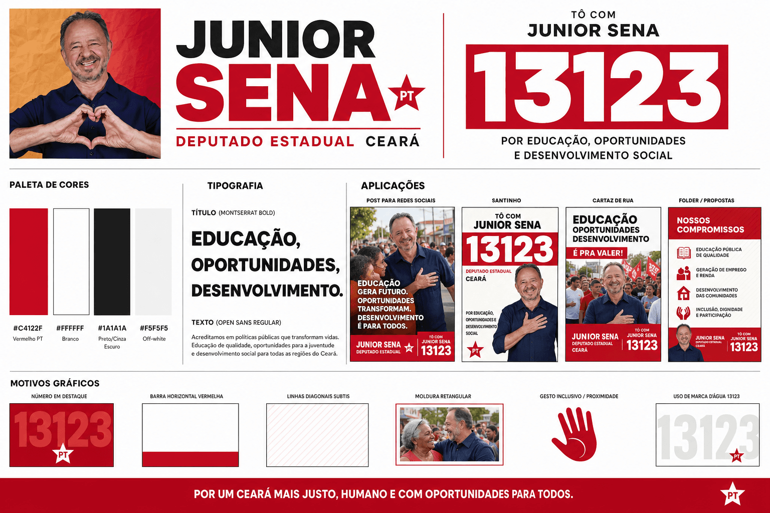 Manual de identidade de campanha: logo, paleta vermelha, tipografia, aplicações e motivos gráficos