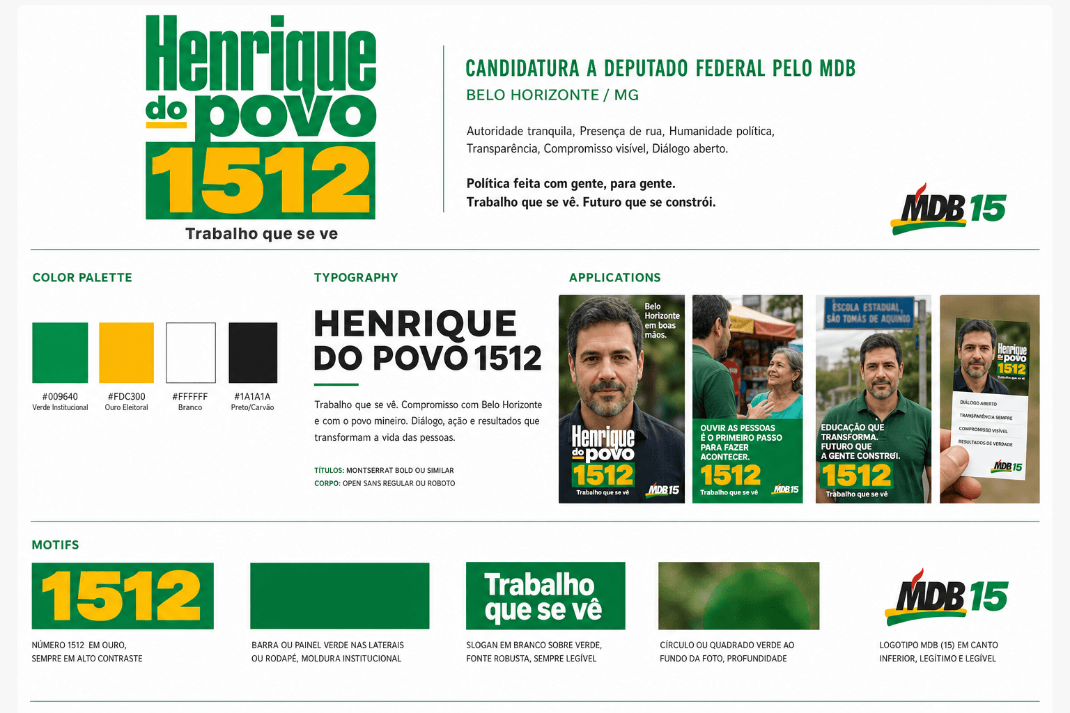 Manual de identidade de campanha: logo, paleta verde e ouro, tipografia, aplicações e motivos gráficos