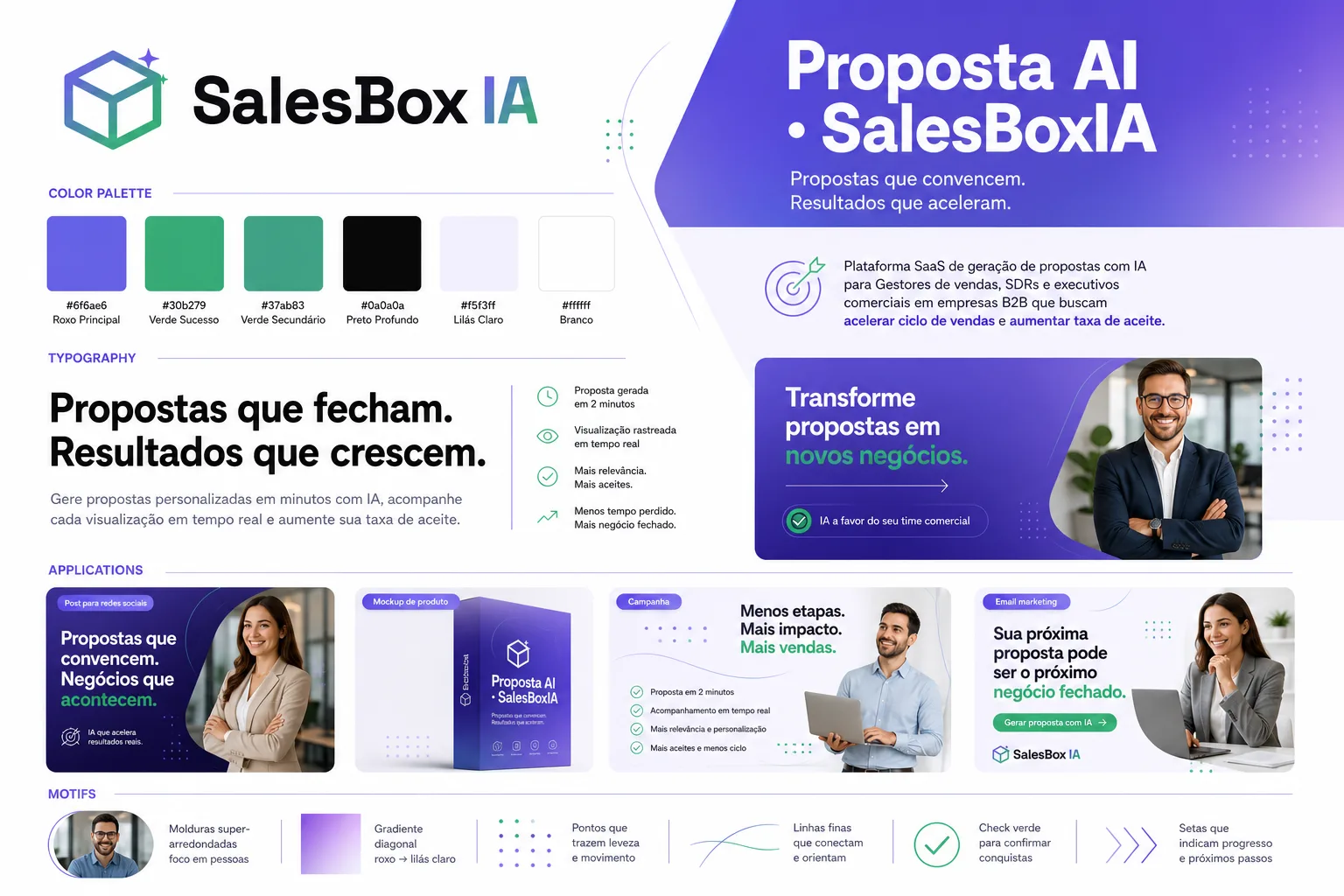 Guideline de marca gerado pelo Createfy para um SaaS B2B, com paleta, tipografia, aplicações e motifs